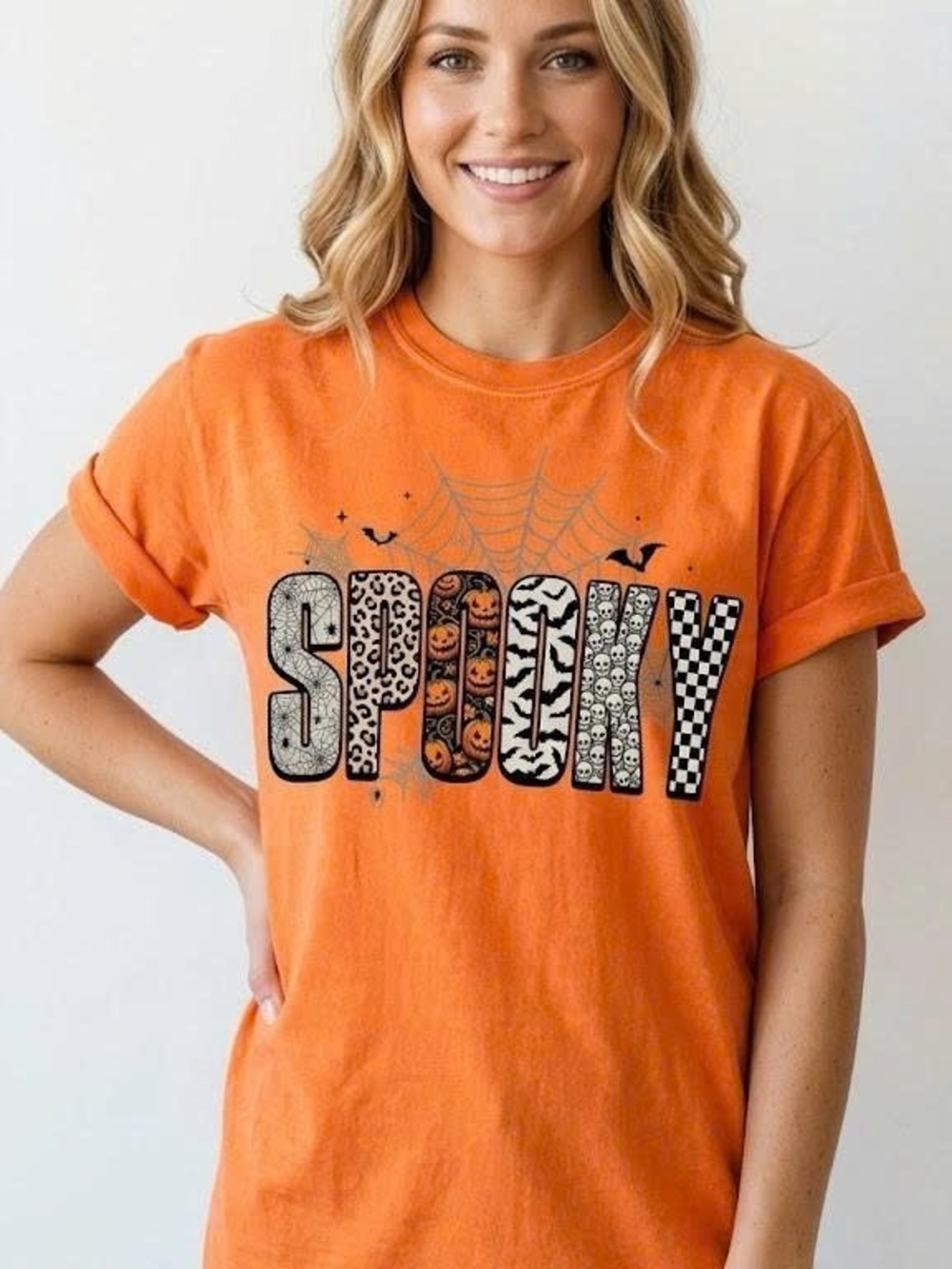 Spooky Pattern Letters Halloween Graphic Tee Heather Orange Fall T-Shirt